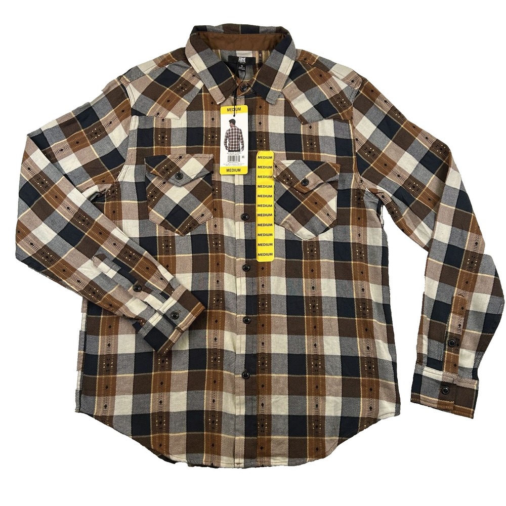 Frye Shirt Mens Medium Jacquard Flannel Almost Black Plaid Button‎ Up New